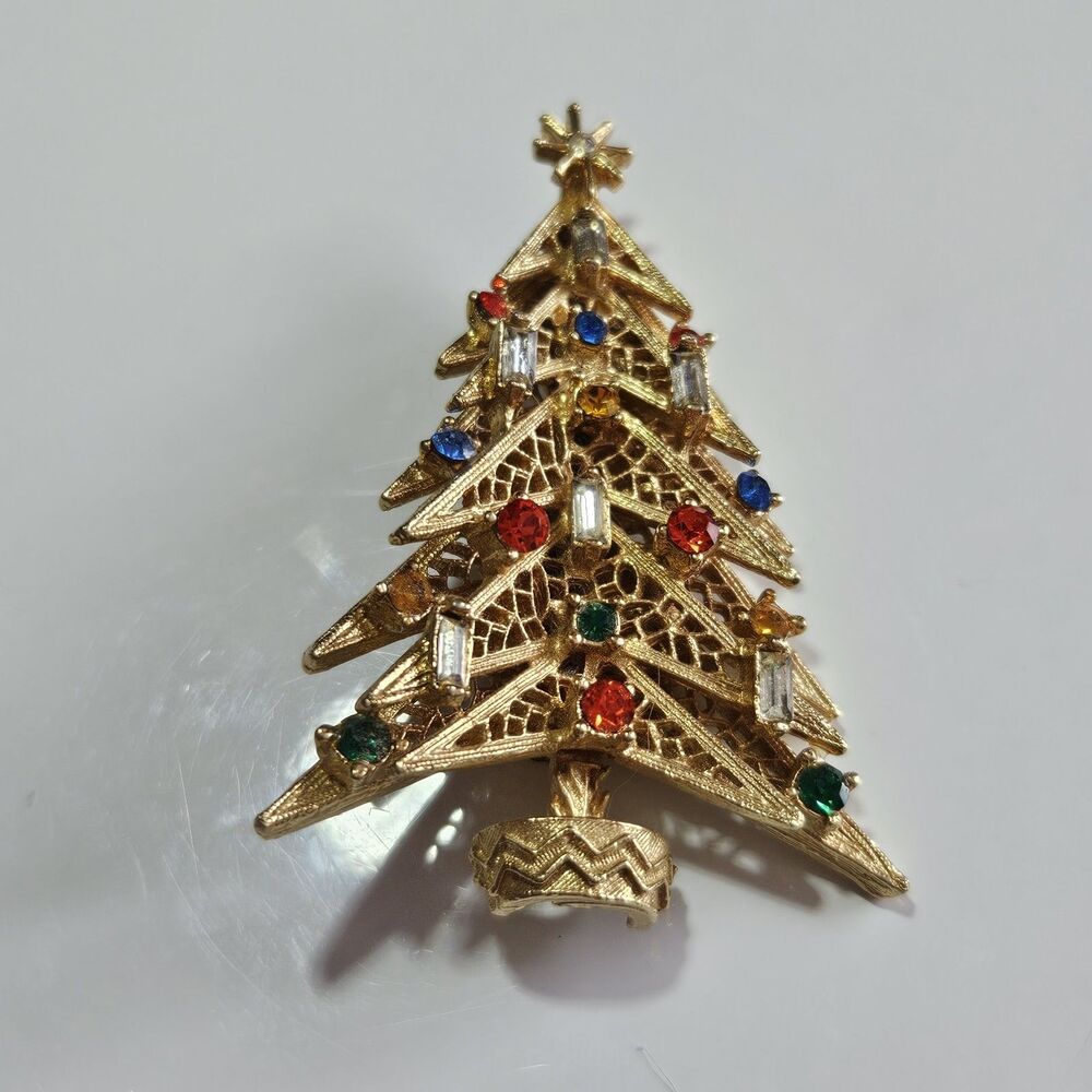 Vintage Art Gold Tone Christmas Tree Brooch Lace Candles Signed Book Piece MCM
